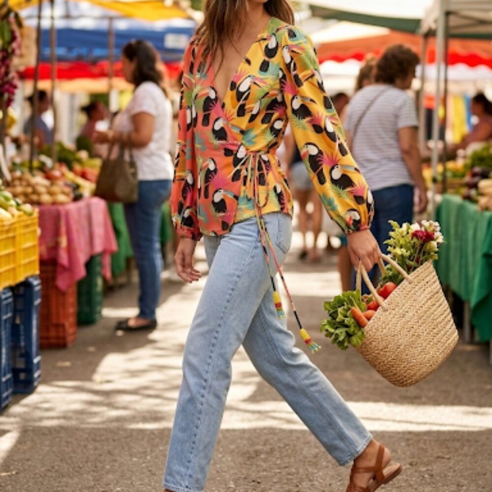 Farm Rio Anthropologie Toucan Rainforest Wrap Top Sz S Novelty Print Resort Boho